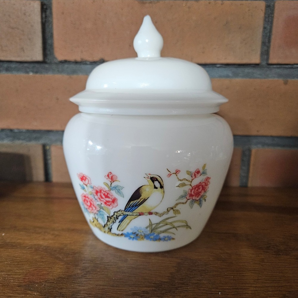 Avon Milk Glass Handpainted Songbird Ginger Jar 5"